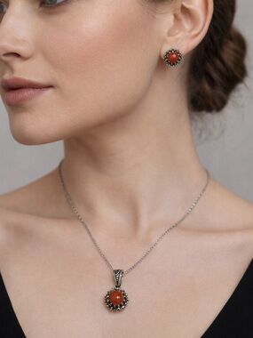 FAYED 925 Sterling Silver agate and Marcasite set